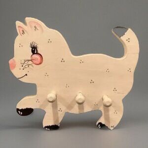 Vintage White Country Kitten / Cat Wooden Coat Rack